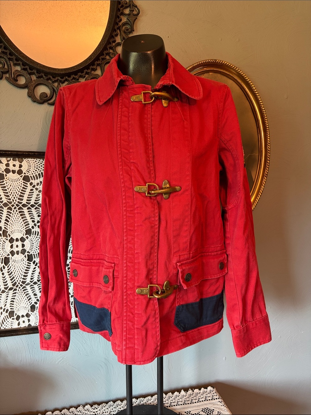 Vintage Lauren Ralph Lauren Red Toggle Utility Jacket with Navy Pocket Accents